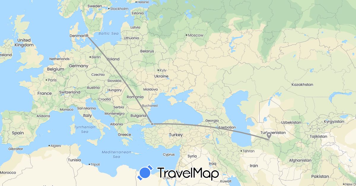 TravelMap itinerary: driving, plane in Denmark, Turkmenistan, Turkey (Asia, Europe)